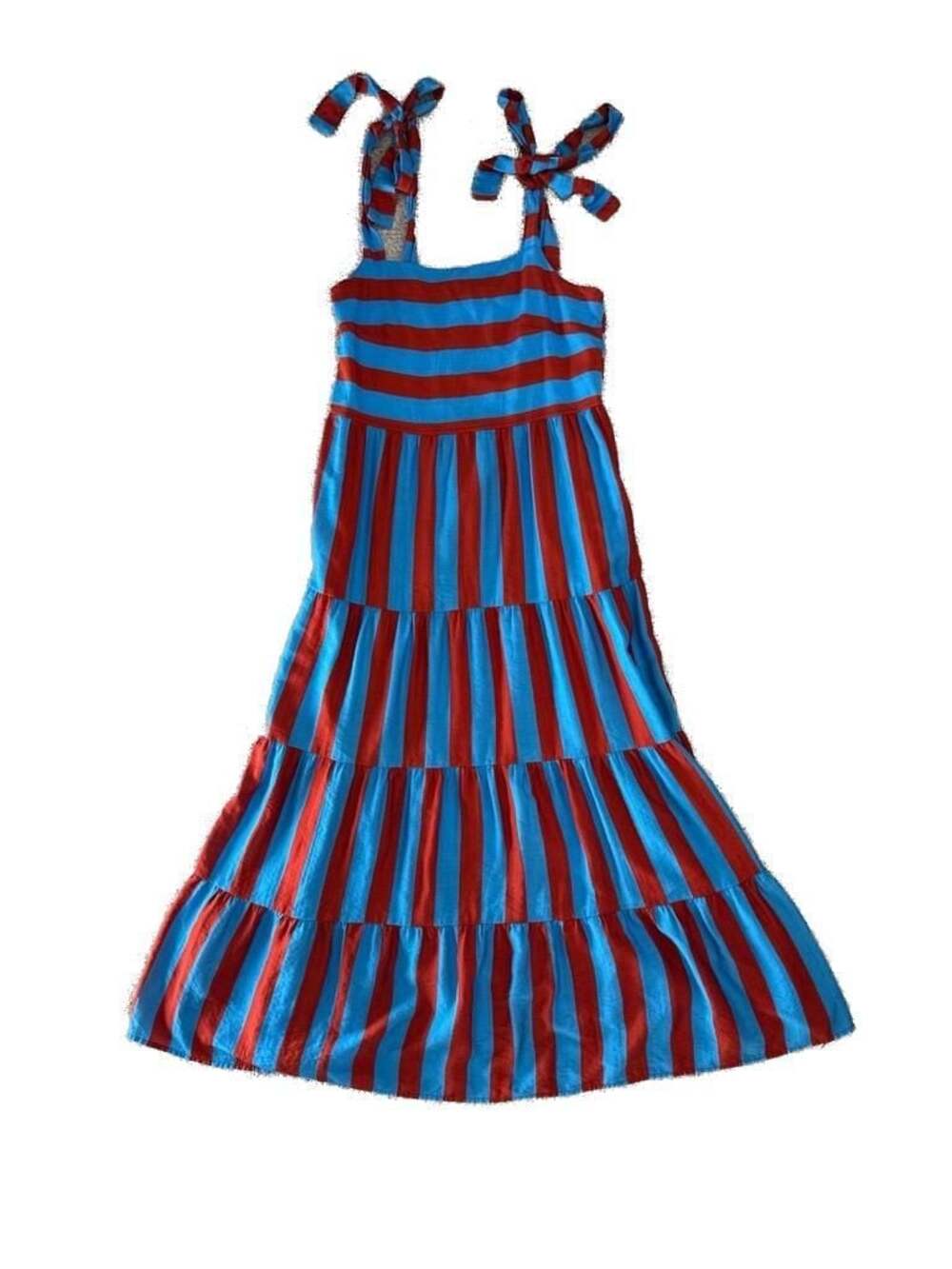 Red and Blue Striped Tiered Tie-Strap Maxi Dress, Summer Vintage Look Size S